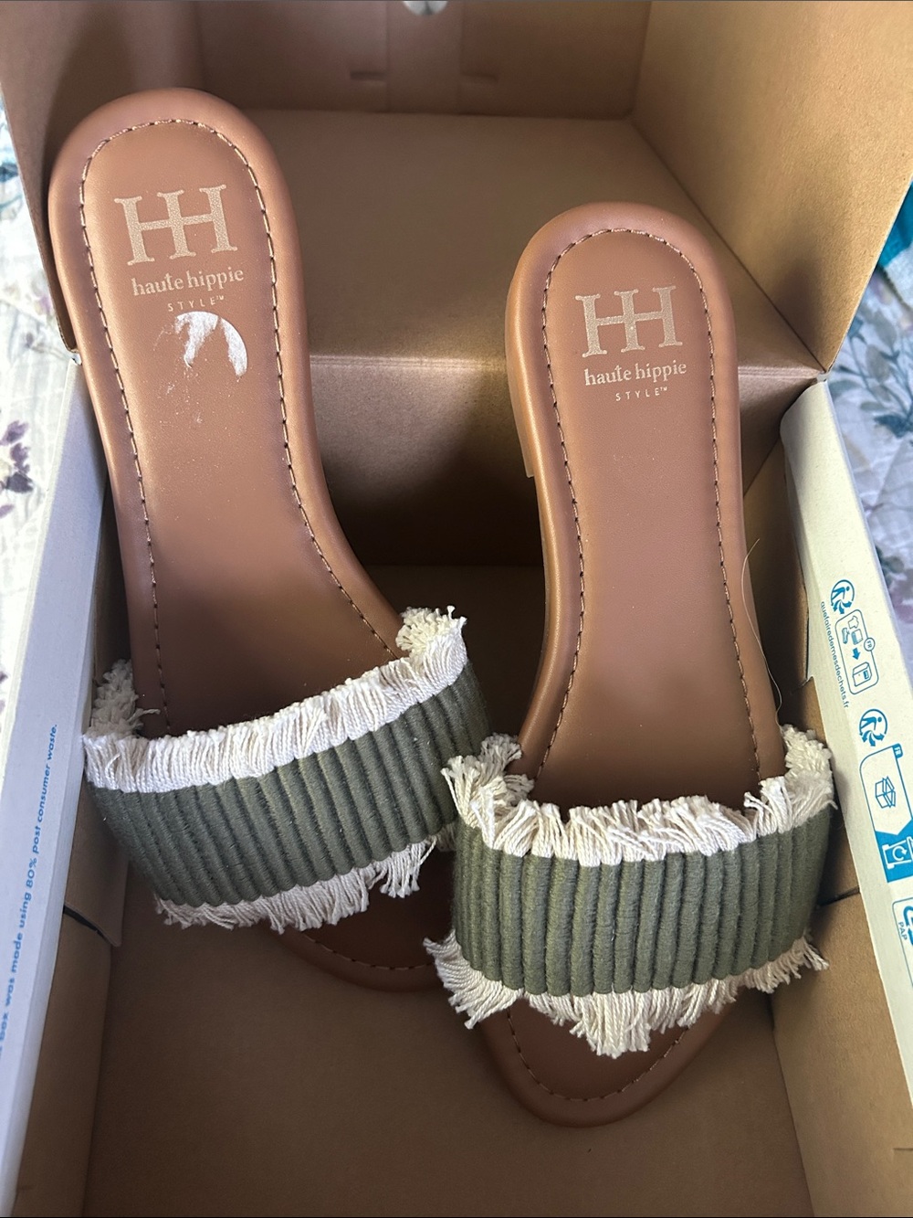 Haute Hippie Olive Green Fringe Slide Sandals with Cream Trim